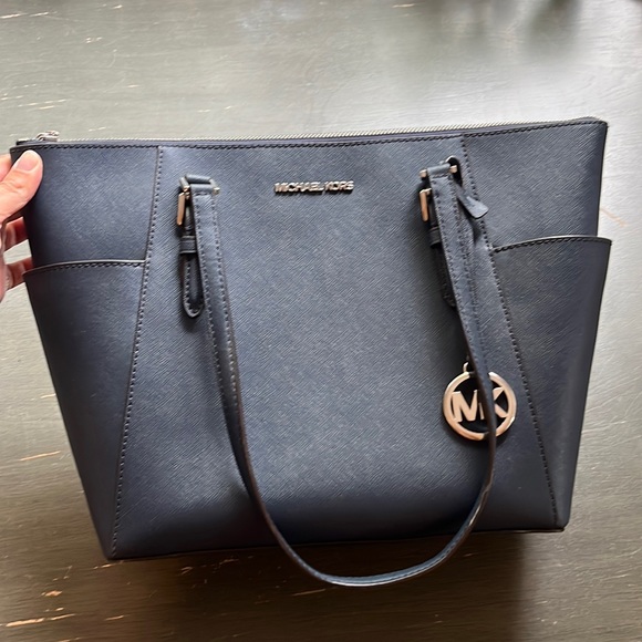 Michael Kors navy blue leather tote bag